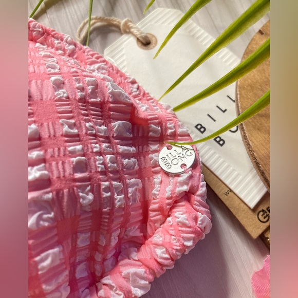 Billabong 🌸 Pink Plaid Ruched Sliding Ruffle Tri Bikini Top 👙🍹🌴 - Picture 8 of 13